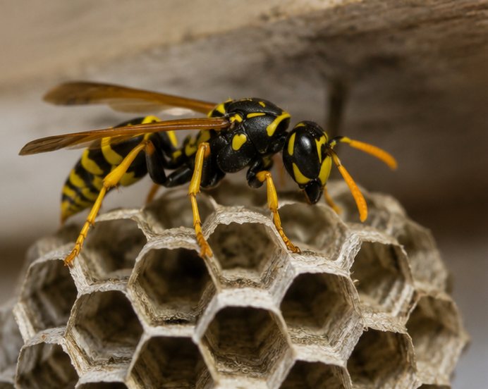 Common wasp on the open honeycomb cells of a young wasp nest
