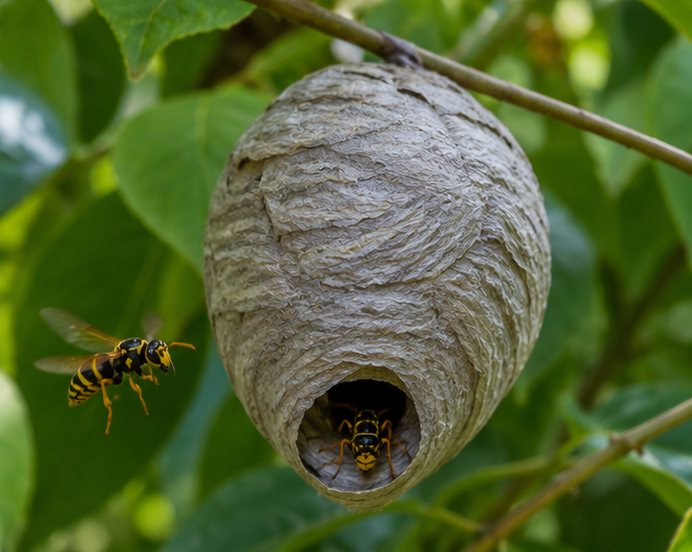 Wasp nest hanging from a branch in a hedge with a wasp flying to the entrance