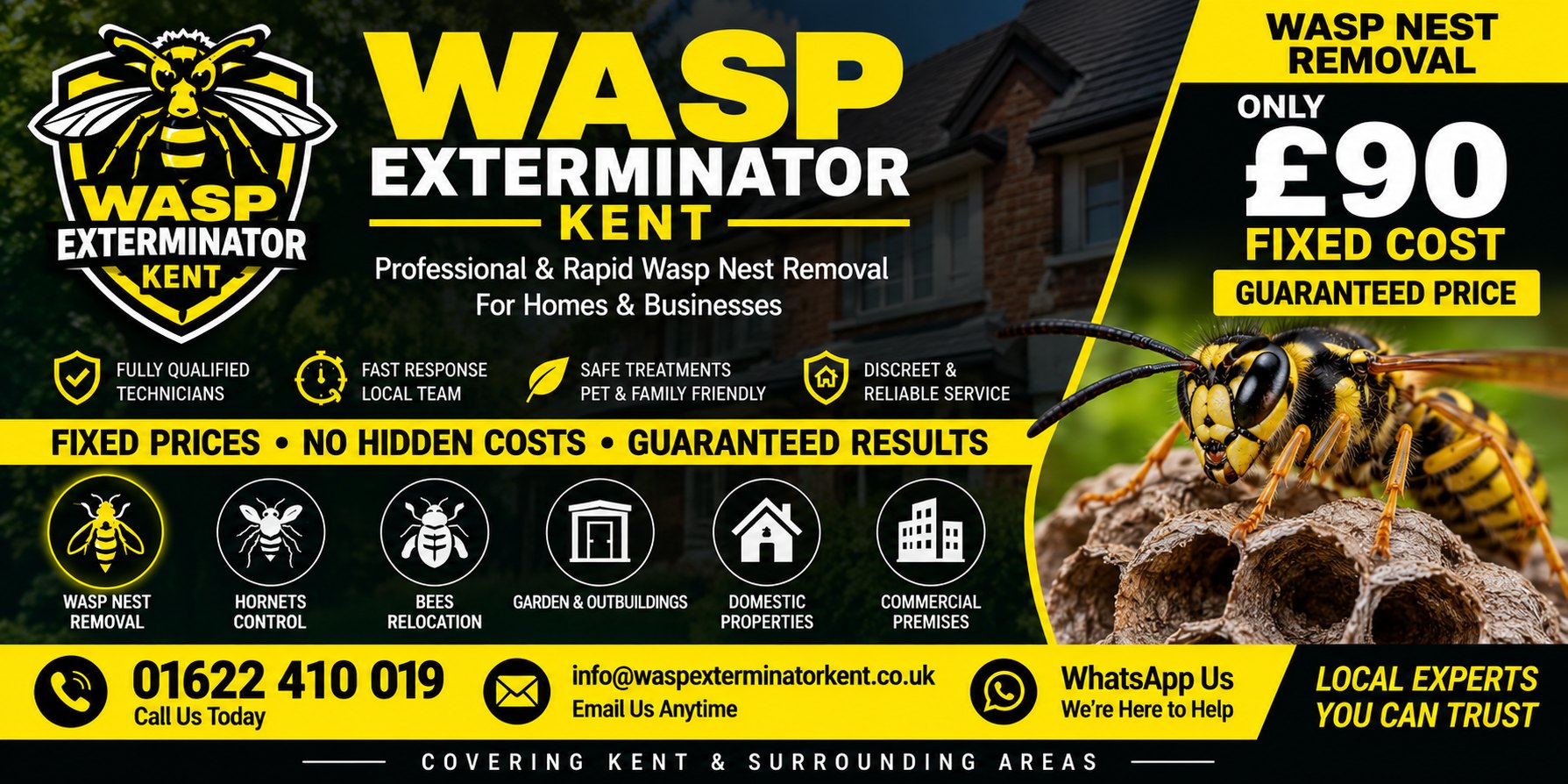 Wasp Exterminator Kent — professional and rapid wasp nest removal for homes and businesses, £90 fixed cost, covering Kent. Call 01622 410 019
